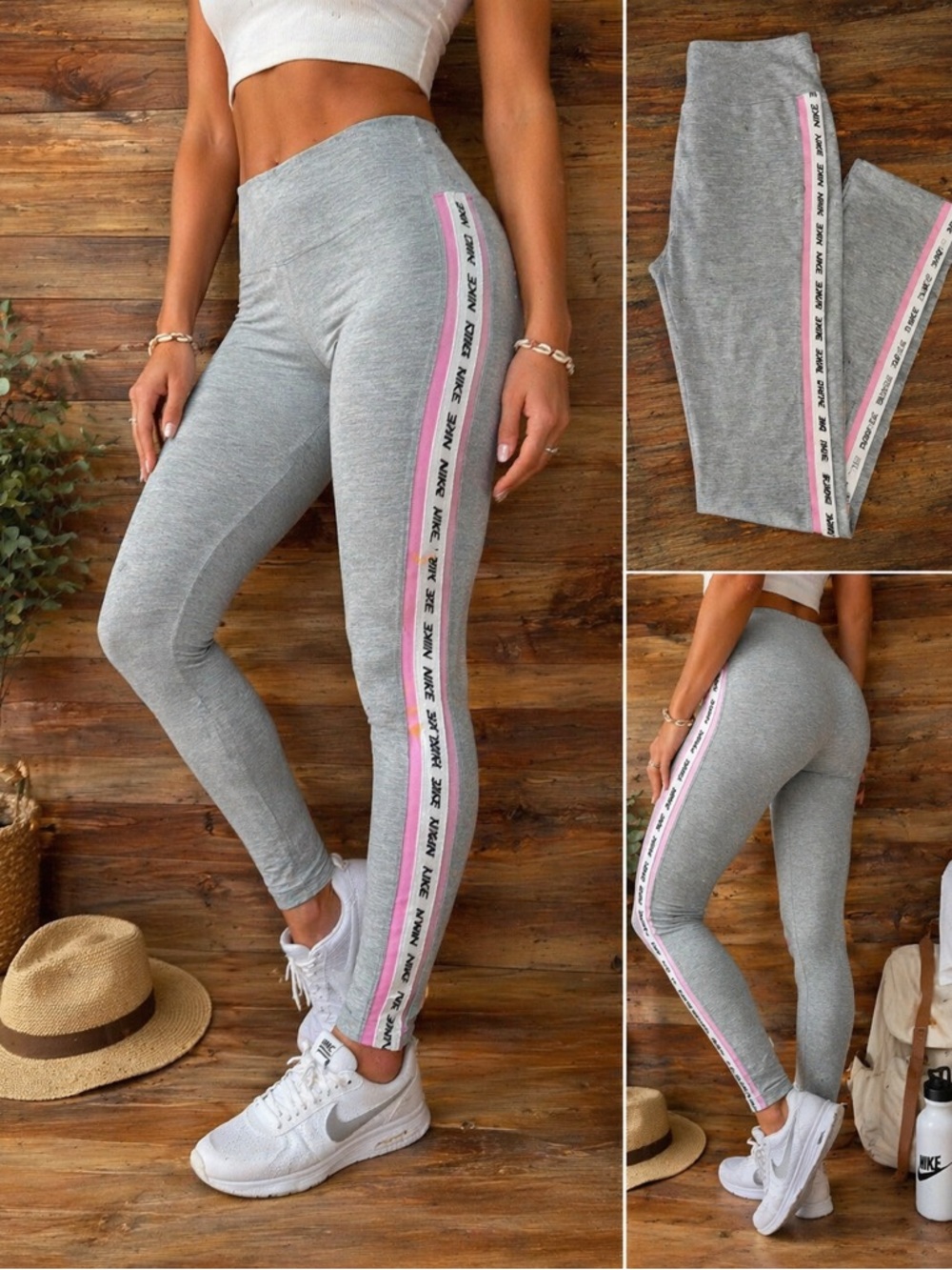 Nike Dri-FIT Leggings Large Gray Pink Side Logo Athletic Workout Pants